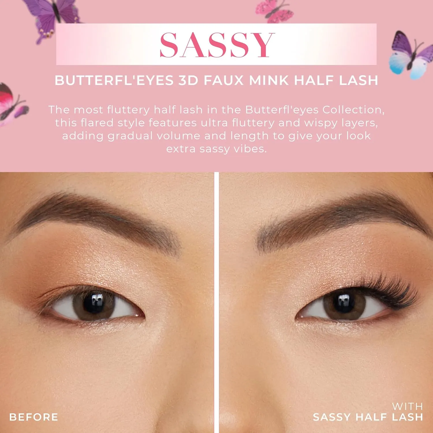 Lilly Lashes Butterfl'eyes Faux Mink Lashes, Half Lashes Natural Look & Feel, False & Reusable Eyelashes 20x, No Trimming   Easy to Apply, Round Style, Lash Glue not Included, 13mm (Sassy)
