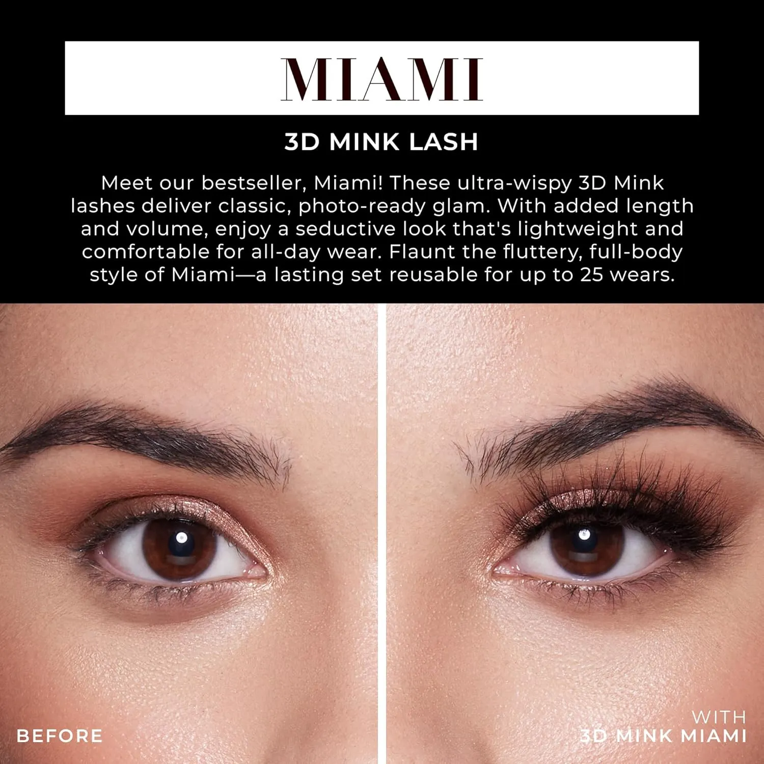 Lilly Lashes Miami 3D Mink Lashes, False Eyelashes Natural Look, Mink Eyelashes for Wispy & Natural Look, Reusable Up to 25 Wears, Fluffy Lashes