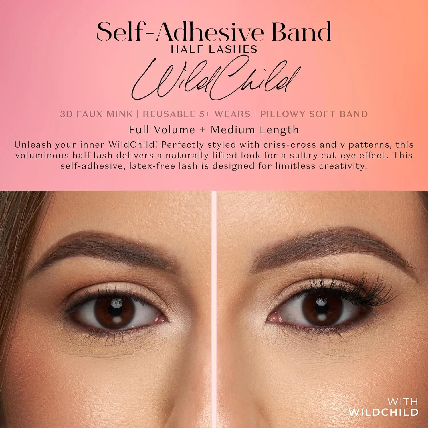 Lilly Lashes Self Adhesive Eyelashes (Half Lashes), No Lash Glue Needed, Body Heat Activated Press on Lashes, Reusable Self Adhesive Eyelashes Up to 5x, Easy to Apply & Remove (WildChild)