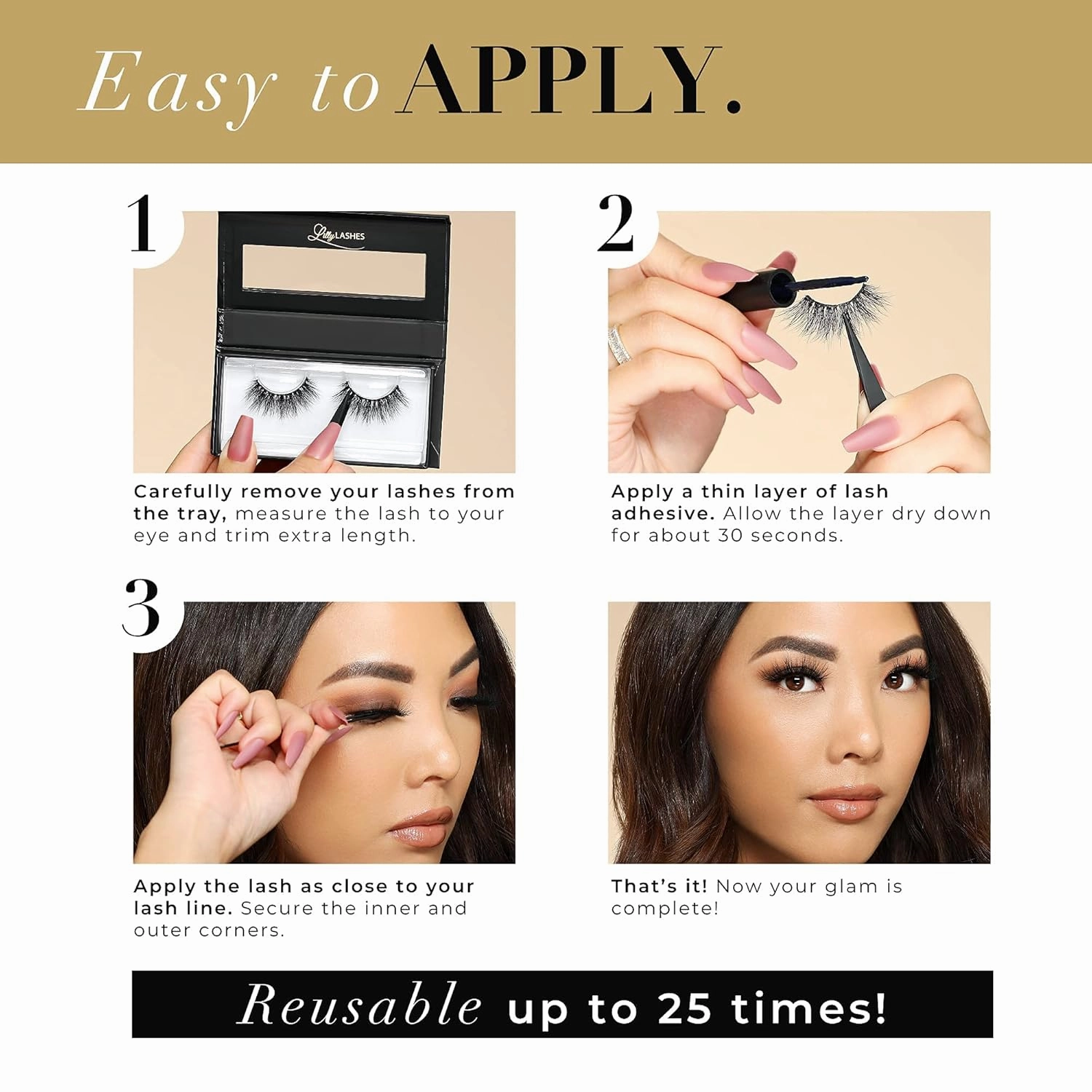 Lilly Lashes Miami Lite, Natural Looking Lashes Mink, Mink Lashes, False Eyelashes, Fluffy & Strip Lashes, Round Shaped and Fluttery, Fake Eyelashes 15mm length, Reusable Up to 15 Wears