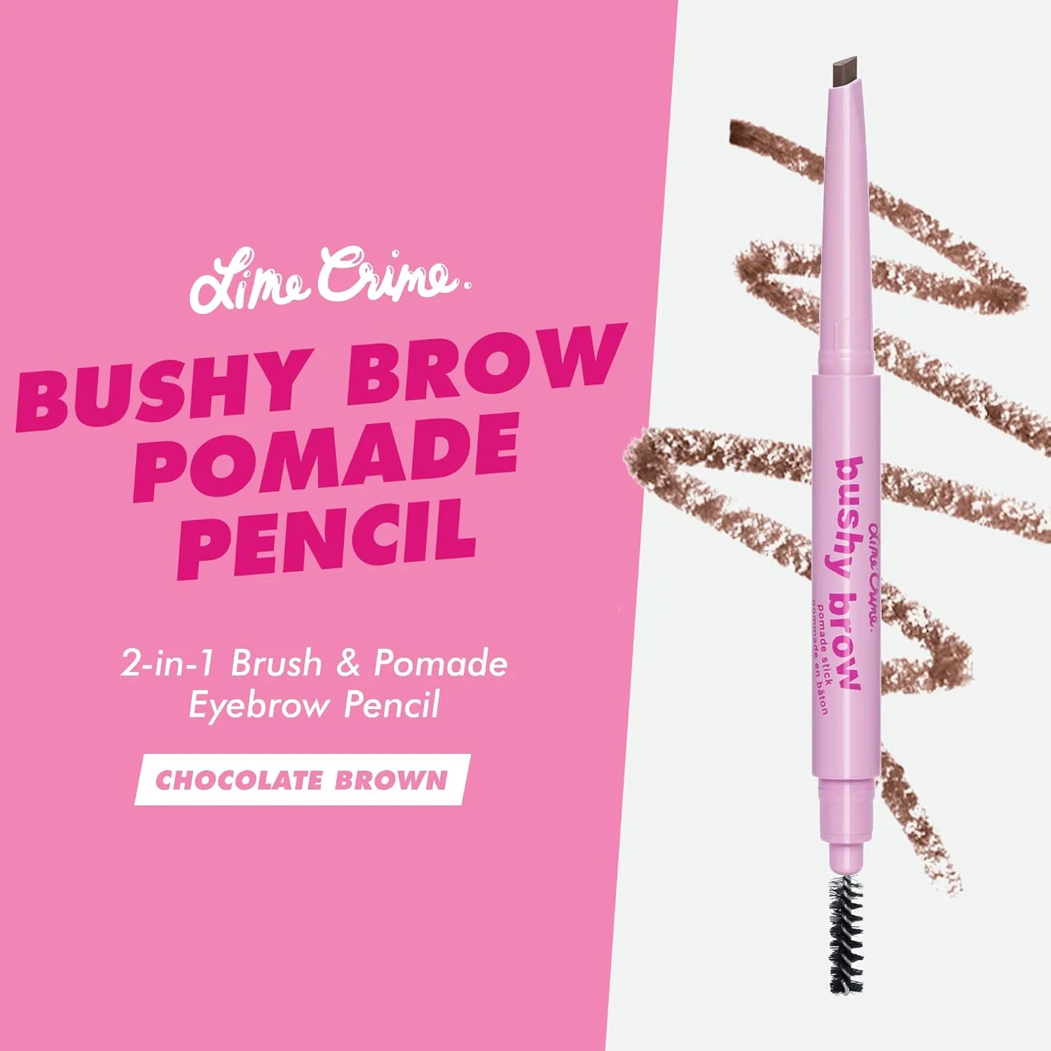 Lime Crime Bushy Brow Pomade Pencil, Chocolate Brown (Warm Deep Brown) - 2-in-1 Brush & Pomade Pencil Gives Eyebrows Volume & Texture - Long-Lasting, Defining & Smudge-Proof - Vegan, Cruelty-Free