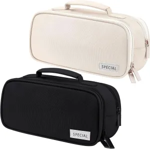Lincia 2 Pack Large Capacity Pencil Cases with Handles Pen Pouch Organizer Canvas Pencil Bag Portable Makeup Bag Multi-slot Pen Bag Pouch Travel Holder Box for Office Supplies(Black,White)
