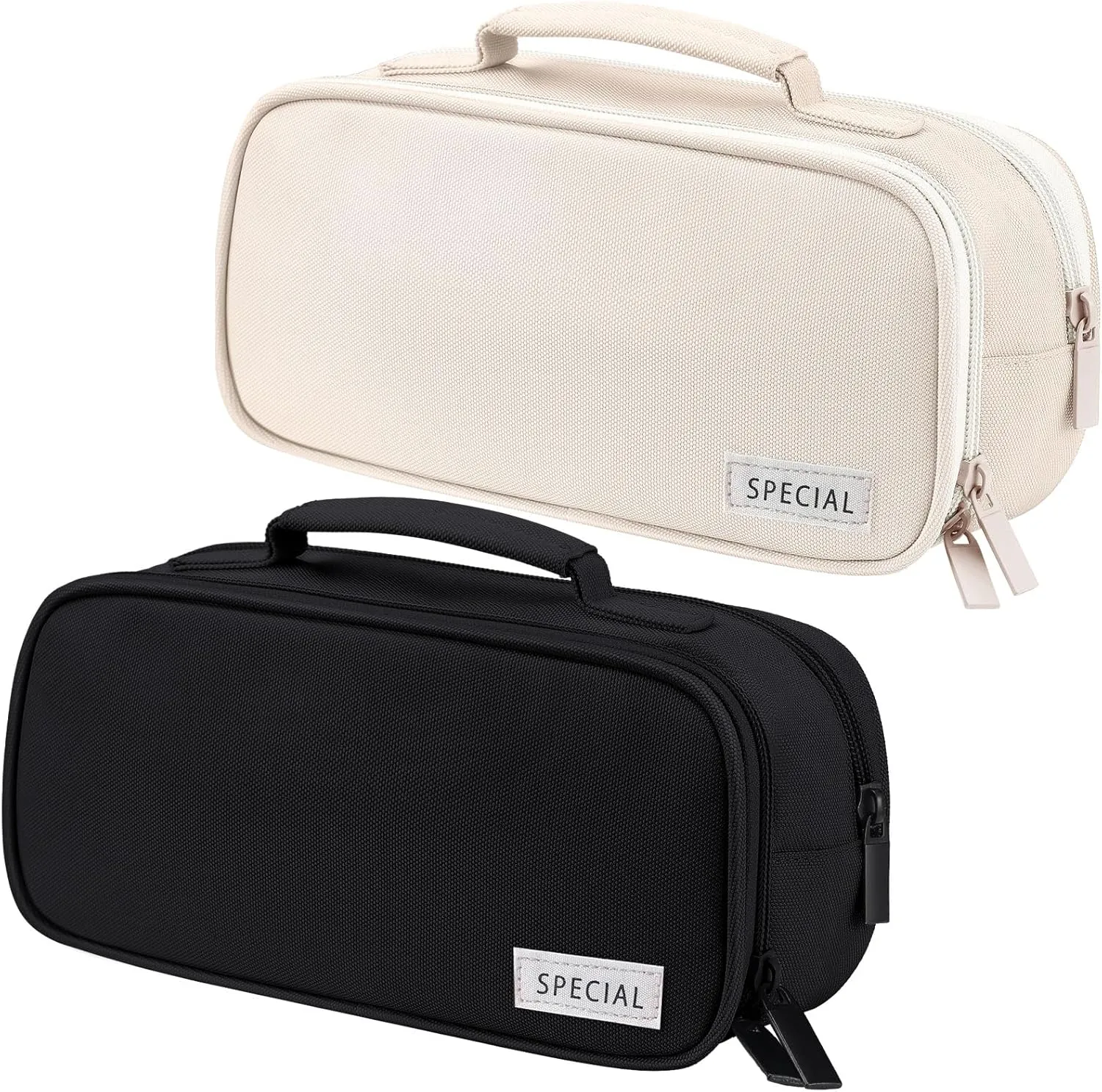 Lincia 2 Pack Large Capacity Pencil Cases with Handles Pen Pouch Organizer Canvas Pencil Bag Portable Makeup Bag Multi-slot Pen Bag Pouch Travel Holder Box for Office Supplies(Black,White)