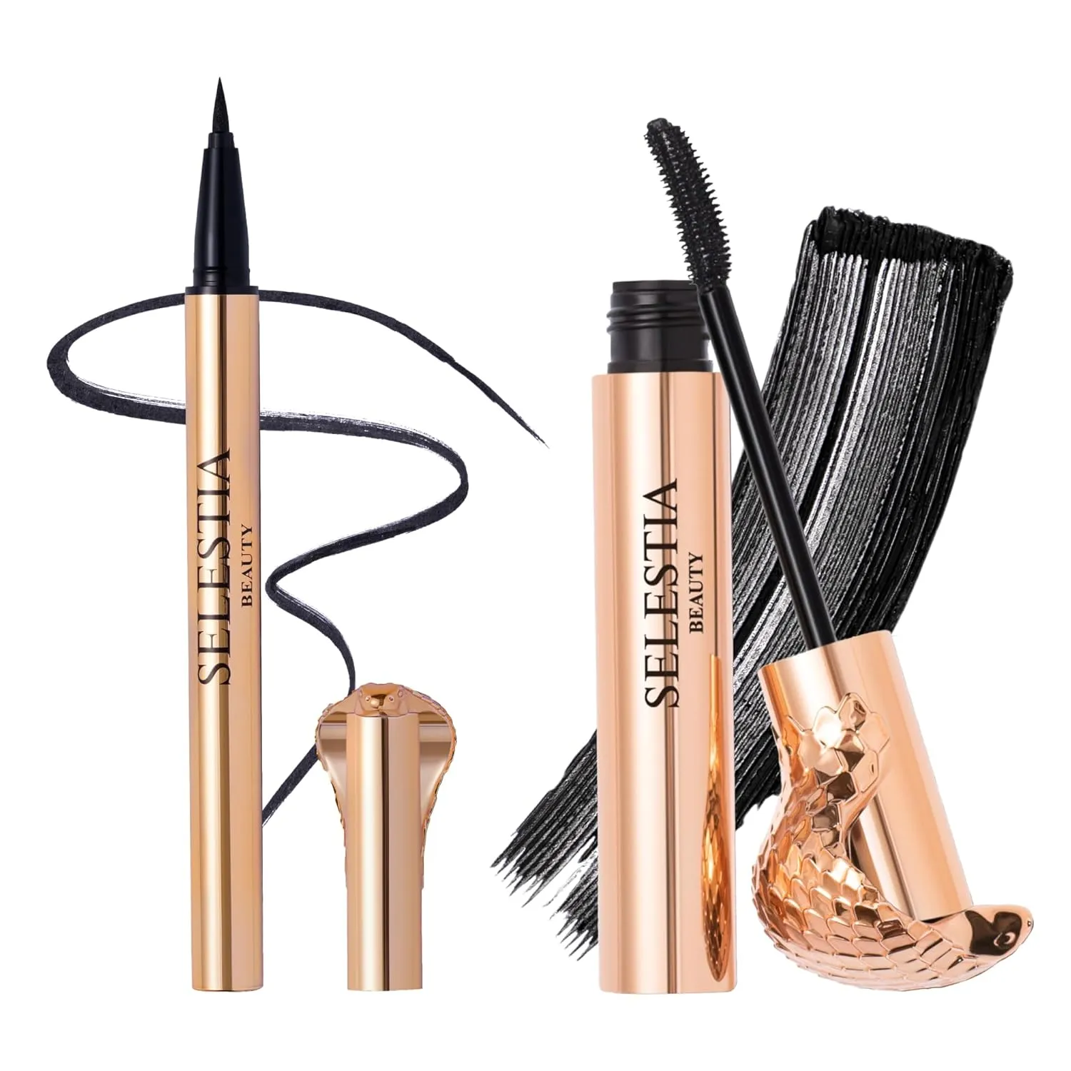Liquid Eyeliner Pen & Curl Black Mascara - Queen Cobra Set - Black Eye Liner & Voluminous Mascara - Waterproof Eyeliner and Lash Definer for Snatched Eye Makeup