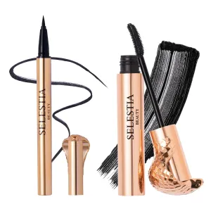 Liquid Eyeliner Pen & Curl Black Mascara - Queen Cobra Set - Black Eye Liner & Voluminous Mascara - Waterproof Eyeliner and Lash Definer for Snatched Eye Makeup