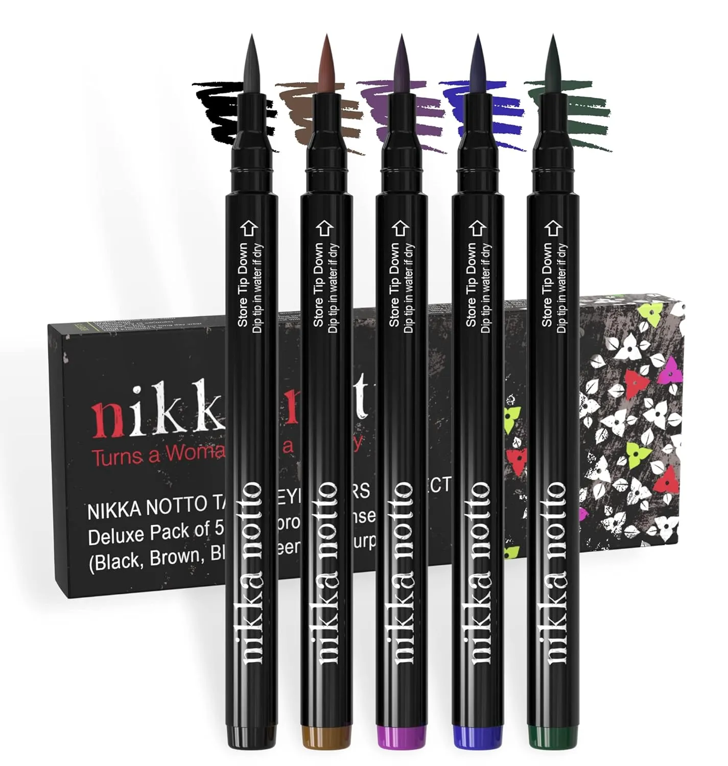 Liquid Eyeliner Waterproof Set of 5 Intense Satin Colors. Black, Brown, Blue, Green & Purple, Stay All Day, Smudge Free, Quick Dry, Smooth Application, Valentine's Gift for Her