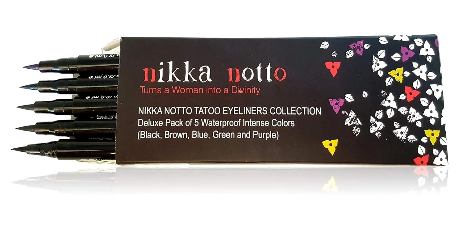 Liquid Eyeliner Waterproof Set of 5 Intense Satin Colors. Black, Brown, Blue, Green & Purple, Stay All Day, Smudge Free, Quick Dry, Smooth Application, Valentine's Gift for Her