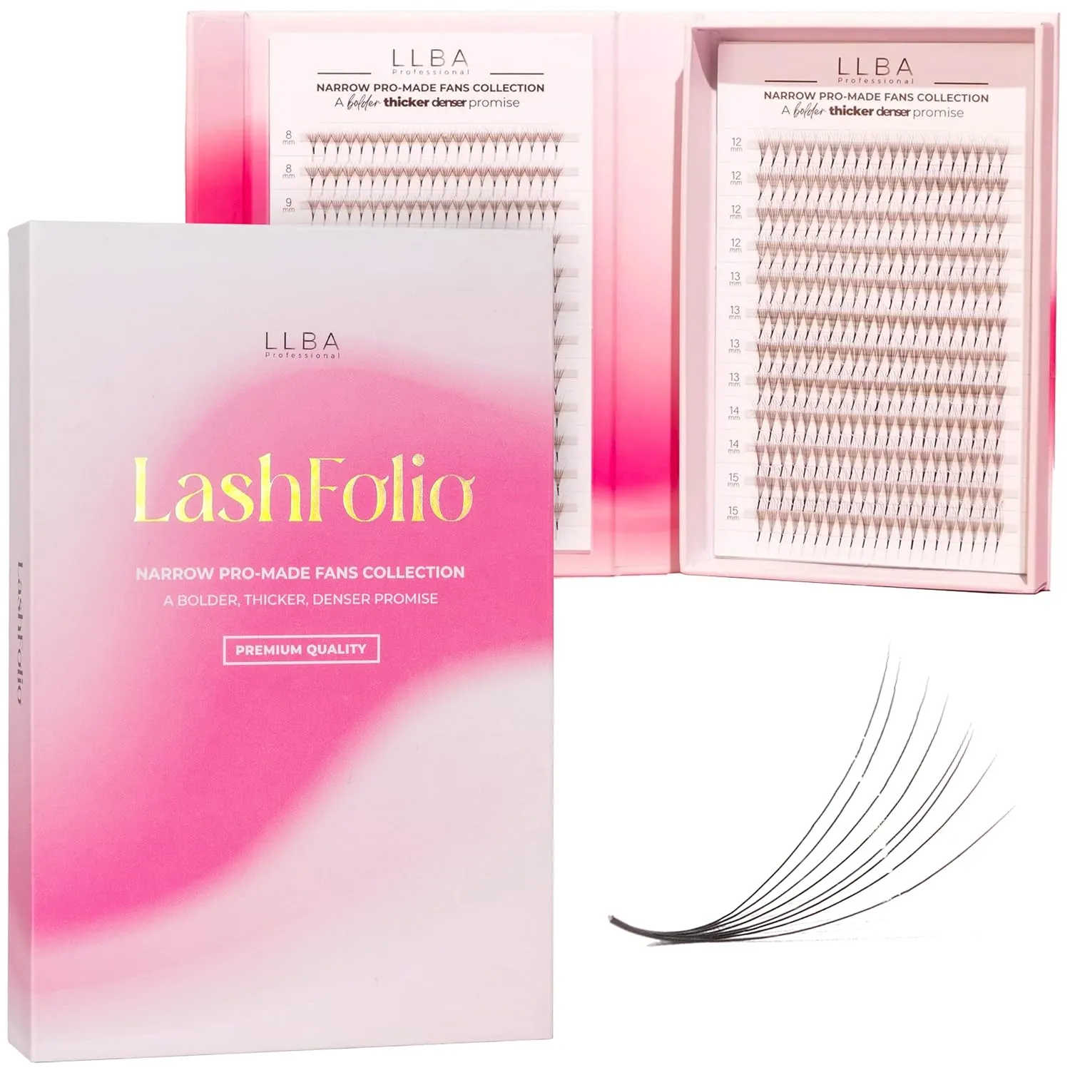 LLBA LashFolio Narrow Promade Fans | Handmade Volume Eyelashes | Multi Selections 5D~10D | C CC D Curl | Thickness 0.03~0.07mm | 8-15mm Length | Long Lasting & Easy Application (10D-0.03 C 12mm-15mm)