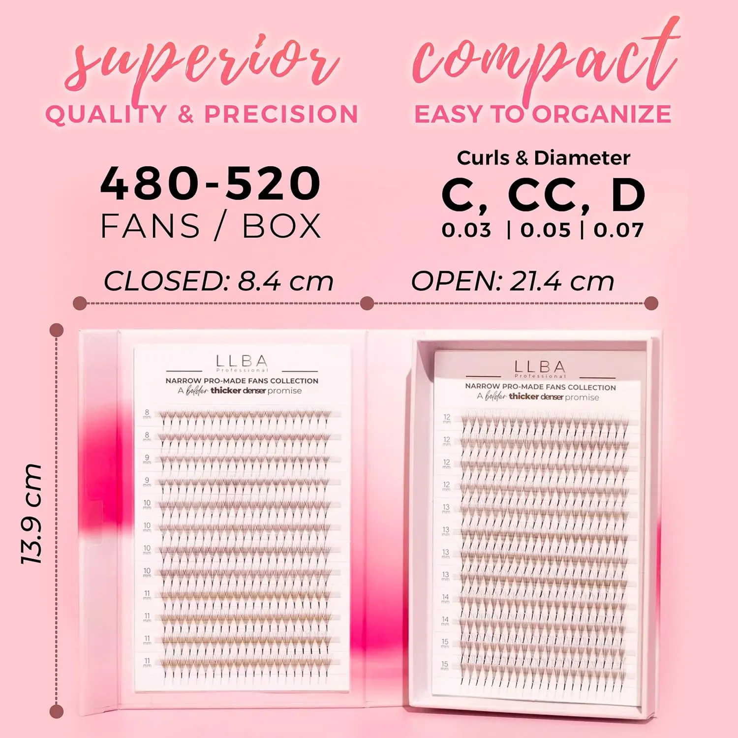 LLBA LashFolio Narrow Promade Fans | Handmade Volume Eyelashes | Multi Selections 5D~10D | C CC D Curl | Thickness 0.03~0.07mm | 8-15mm Length | Long Lasting & Easy Application (10D-0.03 C 12mm-15mm)