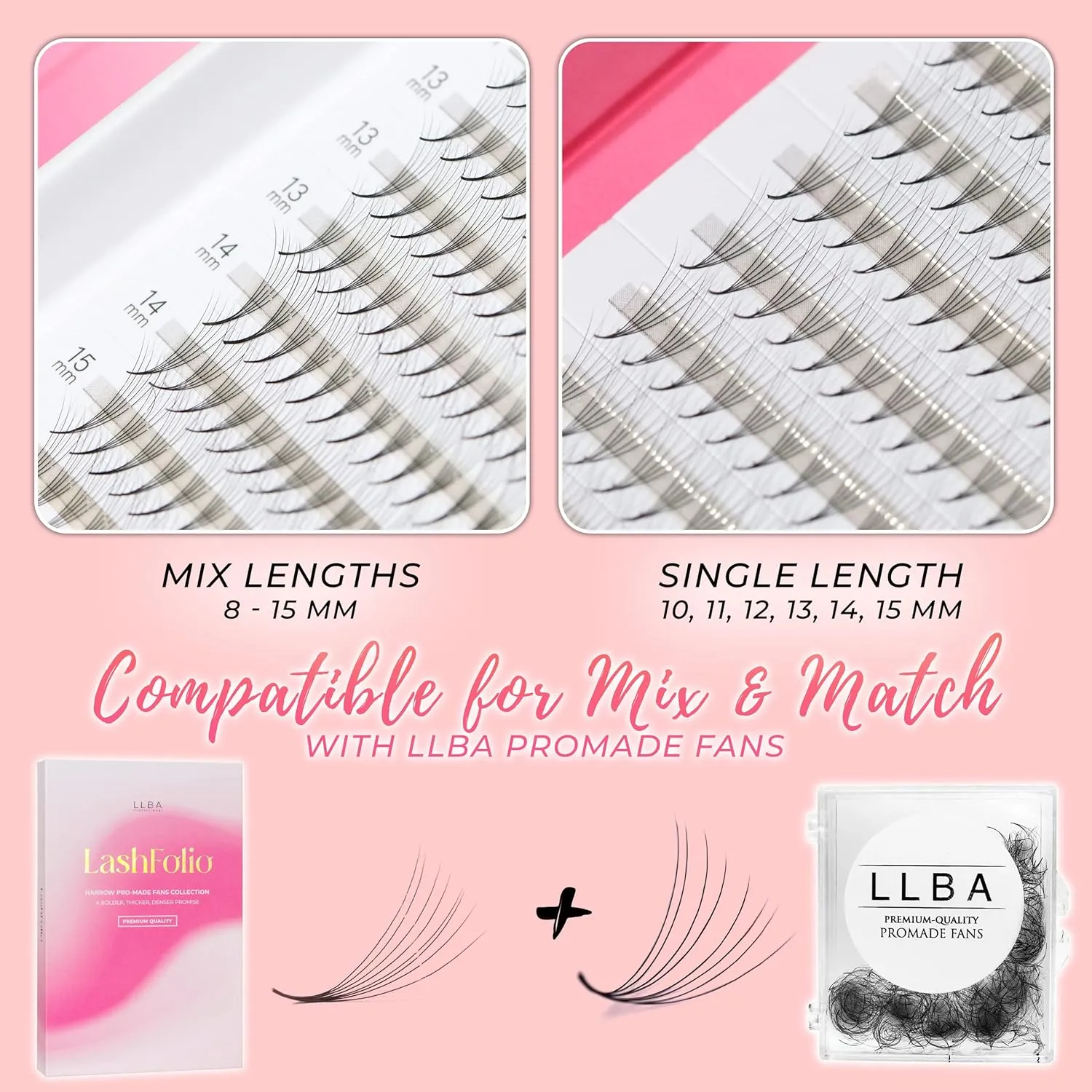 LLBA LashFolio Narrow Promade Fans | Handmade Volume Eyelashes | Multi Selections 5D~10D | C CC D Curl | Thickness 0.03~0.07mm | 8-15mm Length | Long Lasting & Easy Application (10D-0.03 C 12mm-15mm)