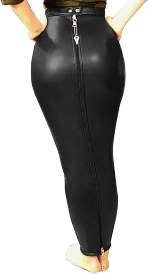 Lockable High Waist Full Zip Bodycon Mermaid Skirts for Women PU Leather Pencil Skirts Sissy Hobble Skirt Slim Long Skirt Custom (Medium,Black,Medium)