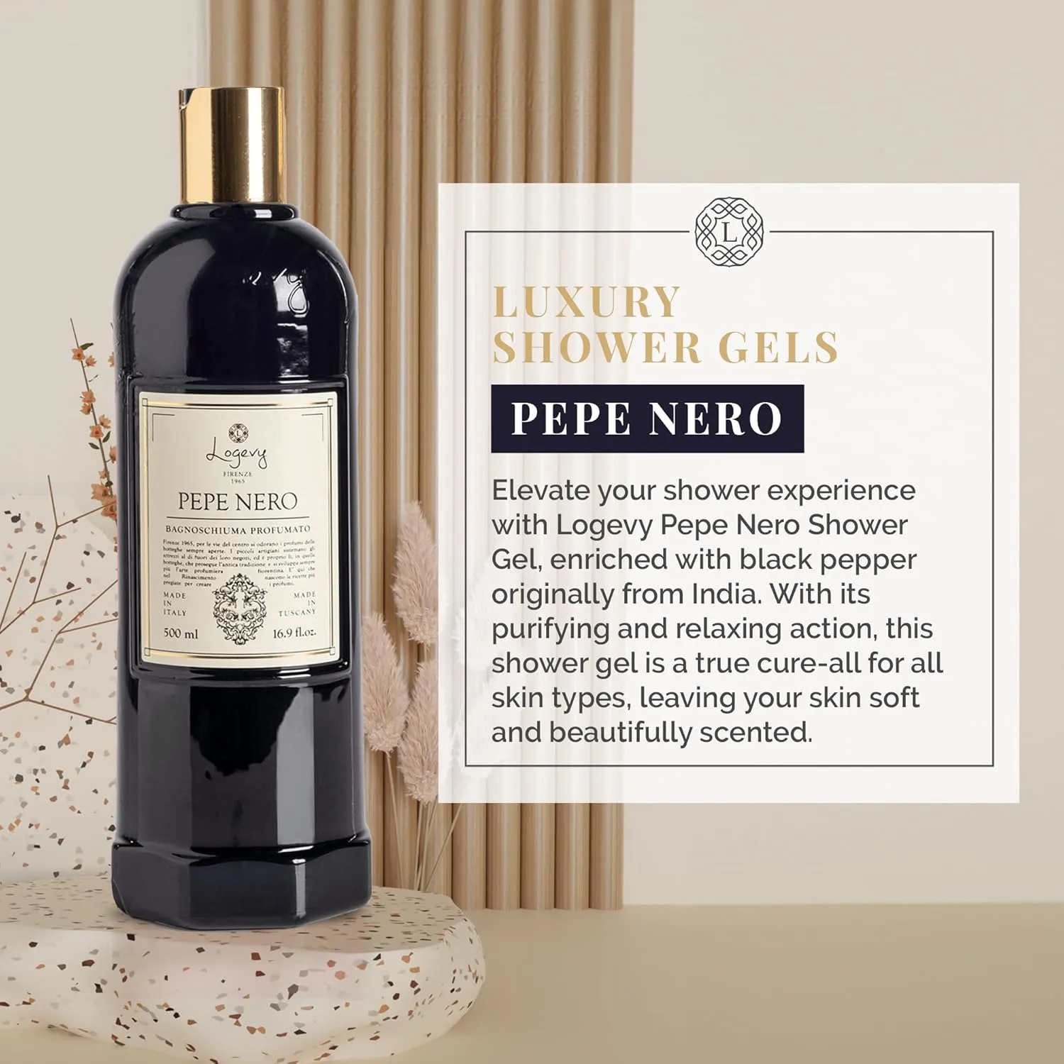 Logevy Pepe Nero Shower Gel – Indulgent Black Pepper Aroma Made from the Best Skin-Friendly Ingredients, Rich in Nutritional Properties for Rejuvenating, Hydrating, and Soothing Action – 500ml
