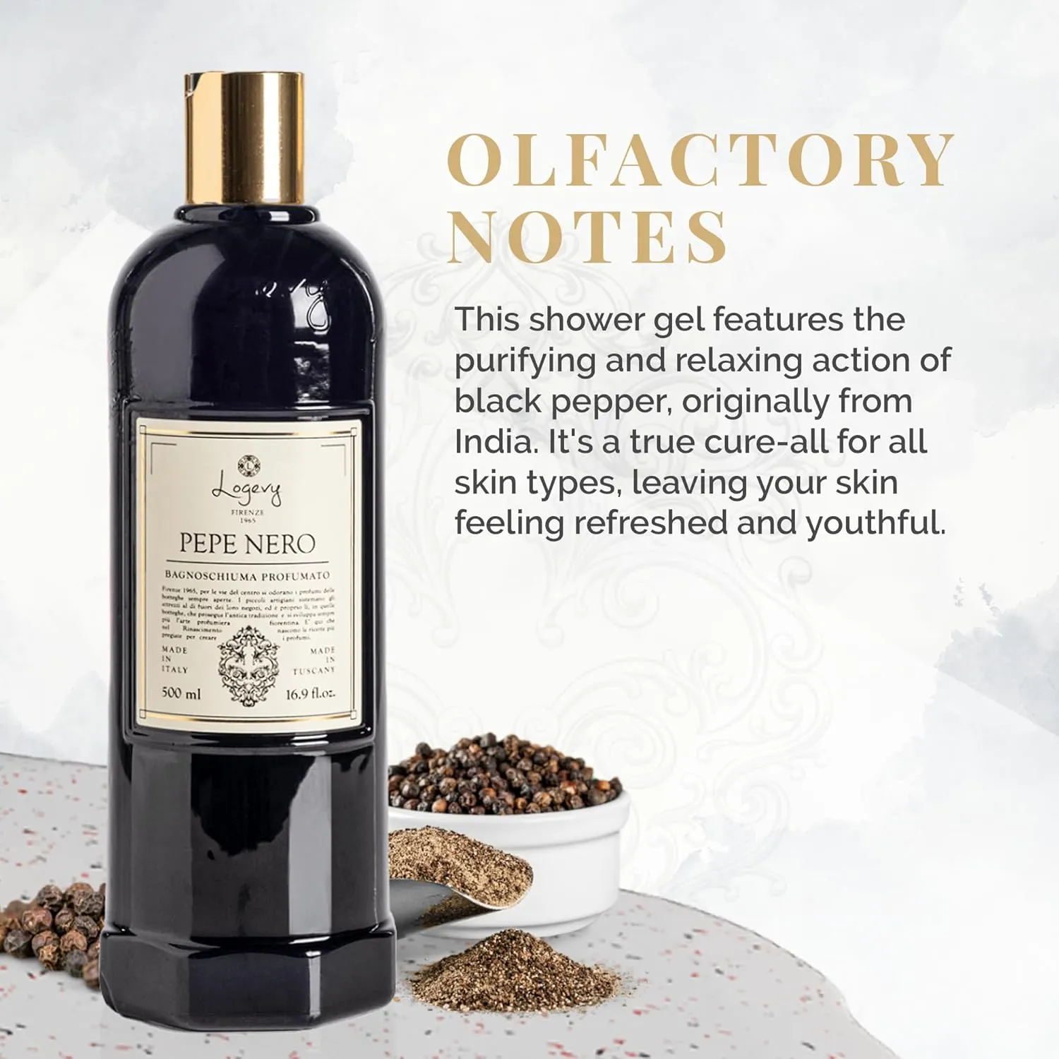 Logevy Pepe Nero Shower Gel – Indulgent Black Pepper Aroma Made from the Best Skin-Friendly Ingredients, Rich in Nutritional Properties for Rejuvenating, Hydrating, and Soothing Action – 500ml