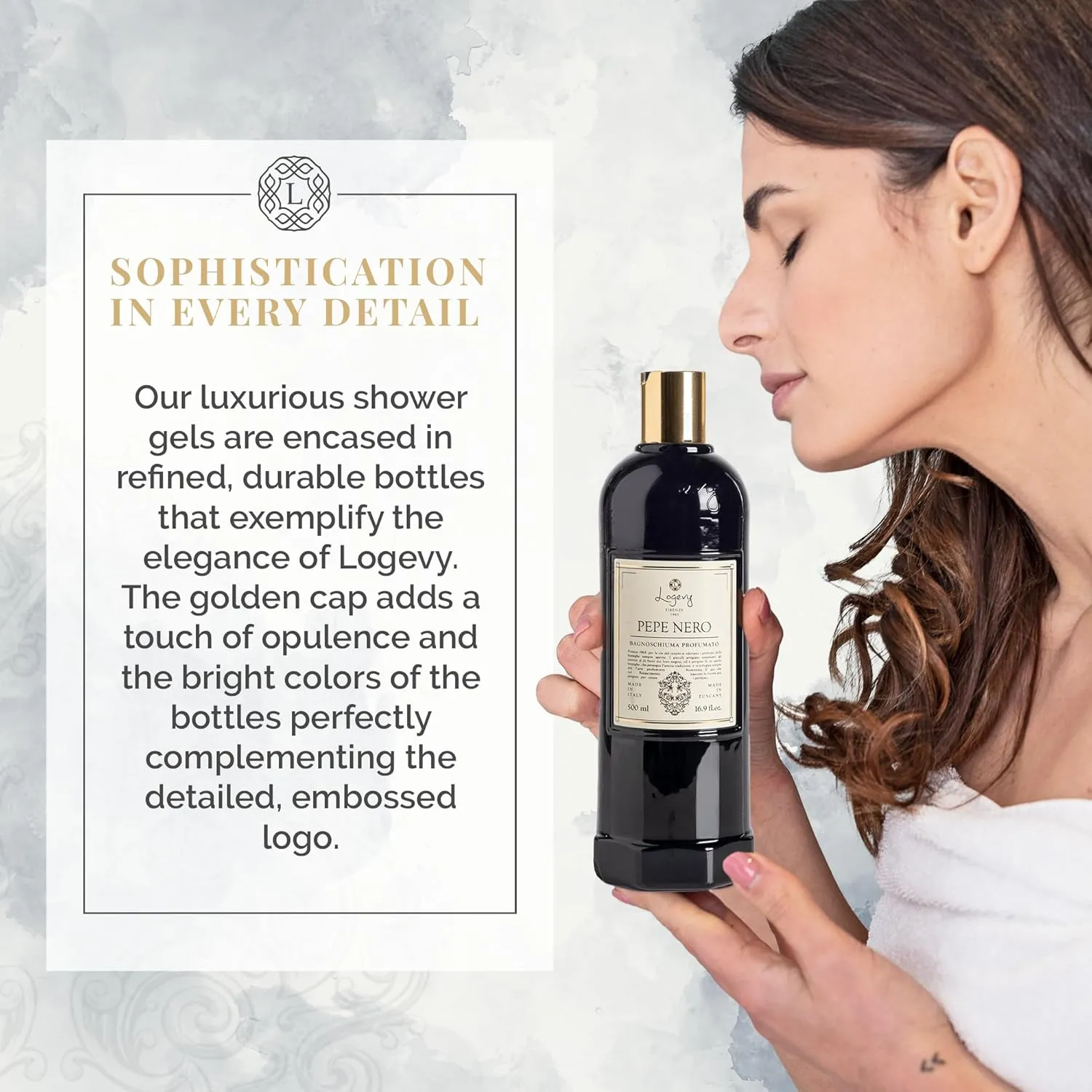 Logevy Pepe Nero Shower Gel – Indulgent Black Pepper Aroma Made from the Best Skin-Friendly Ingredients, Rich in Nutritional Properties for Rejuvenating, Hydrating, and Soothing Action – 500ml