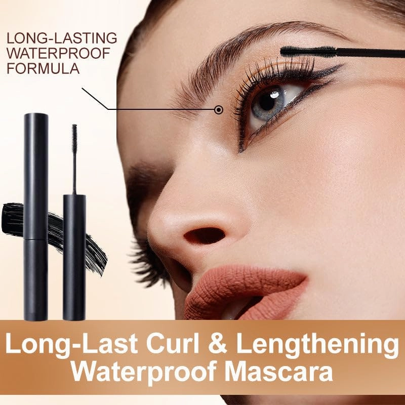 Long-Last Curl & Lengthening Waterproof Mascara, Washable Black Volumizing Mascara, Dual-Use Design, 3D Brush Head Fit, Buildable Lash Volume, No Smudging, No Clumping (Lengthening  Curling)