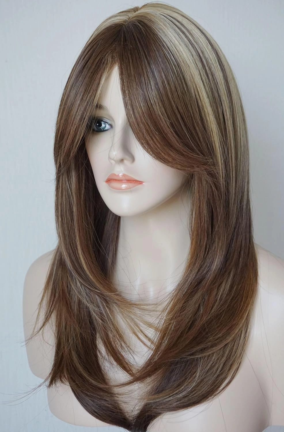 Long Layered Shoulder Length wig light brown with blonde highlight wig Synthetic Hair Fiber Highlight Multicolor Wigs for White Women Mixcolor