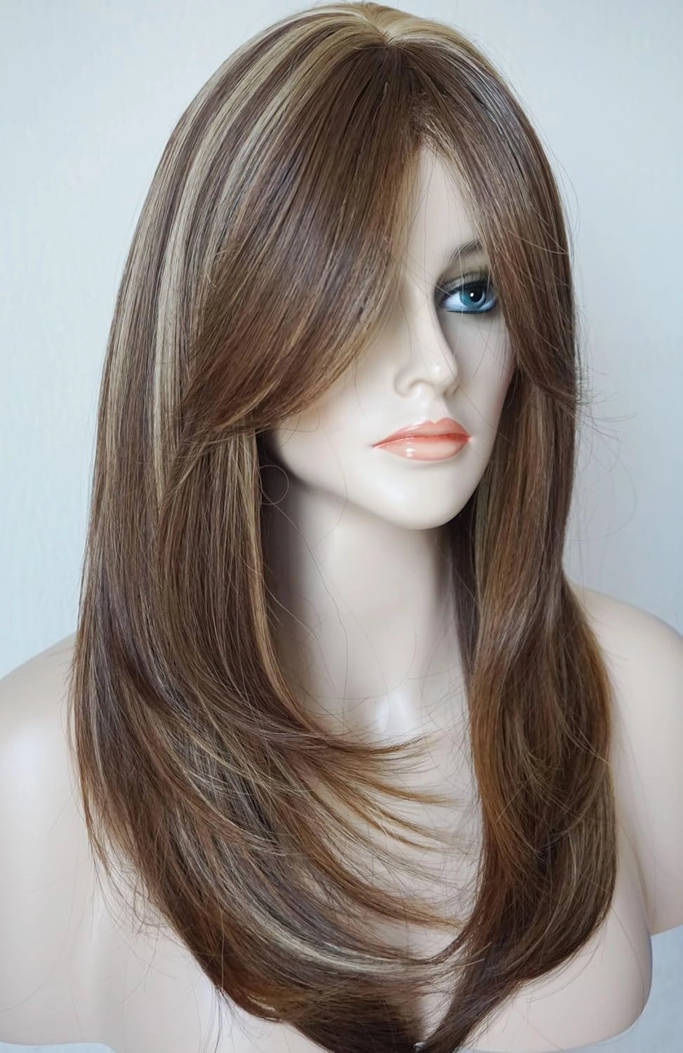 Long Layered Shoulder Length wig light brown with blonde highlight wig Synthetic Hair Fiber Highlight Multicolor Wigs for White Women Mixcolor