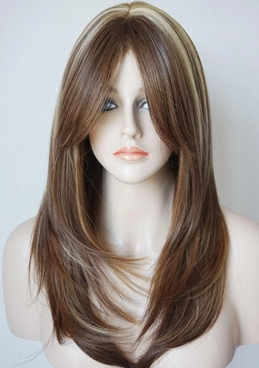 Long Layered Shoulder Length wig light brown with blonde highlight wig Synthetic Hair Fiber Highlight Multicolor Wigs for White Women Mixcolor
