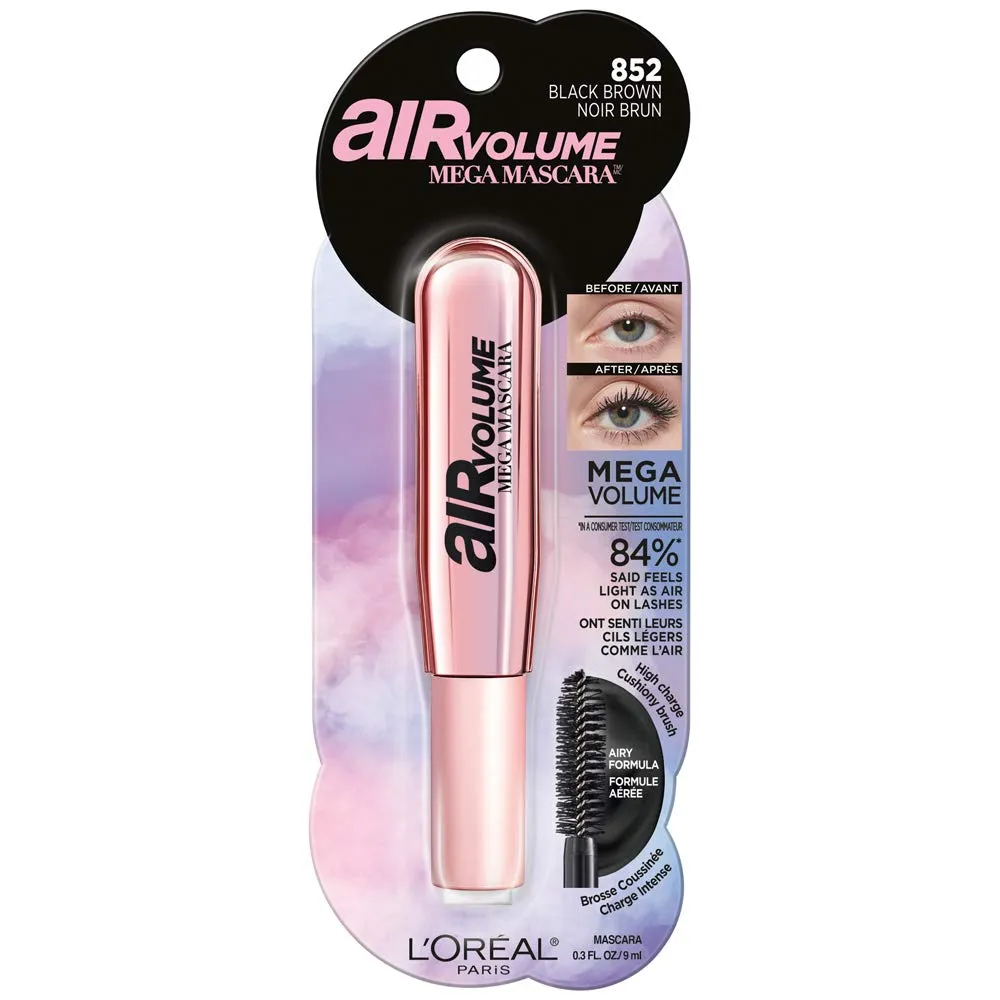L’Oréal Paris Makeup Air Volume Mega Mascara, Lightweight & Long-lasting Volumizing Mascara for Voluminous Eyelashes, Washable Black Brown, 0.3 Fl Oz