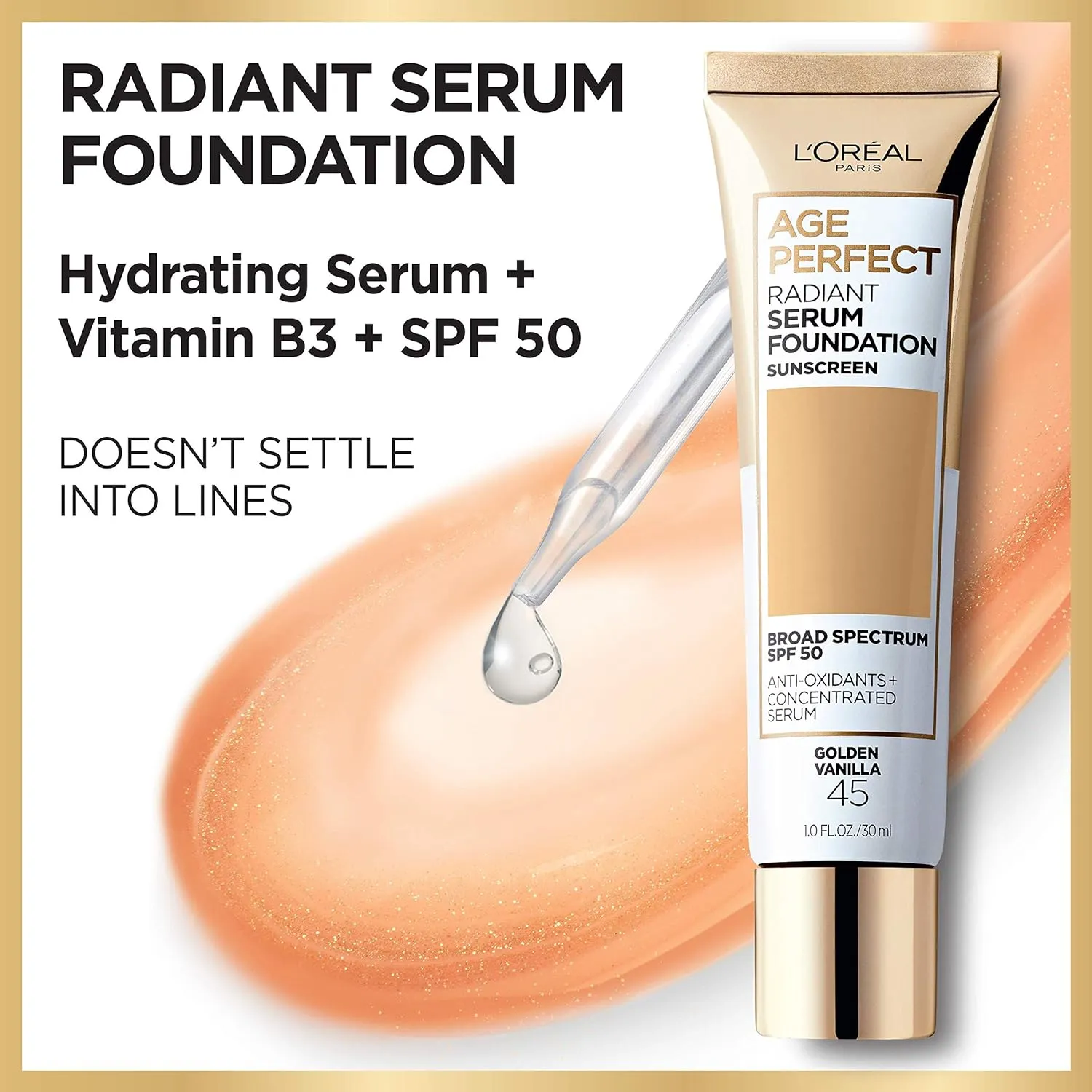 L'Oreal Paris Age Perfect Radiant Serum Foundation with SPF 50, Cappuccino, 1 Ounce