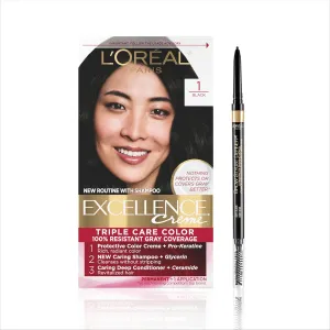 L'Oreal Paris Excellence Hair Color and Brow Stylist Definer Eyebrow Pencil Bundle, Includes 1 Box of Excellence 1 Black Hair Dye   1 Soft Black Eyebrow Pencil