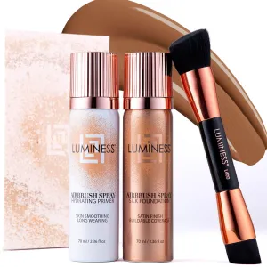 LUMINESS Airbrush Spray Silk Foundation Starter Kit - Tan Dark - Foundation, Primer & Dual-Sided Angled Buffing Brush - Medium, Buildable Coverage, Anti-Aging Formula Hydrates & Moisturizes
