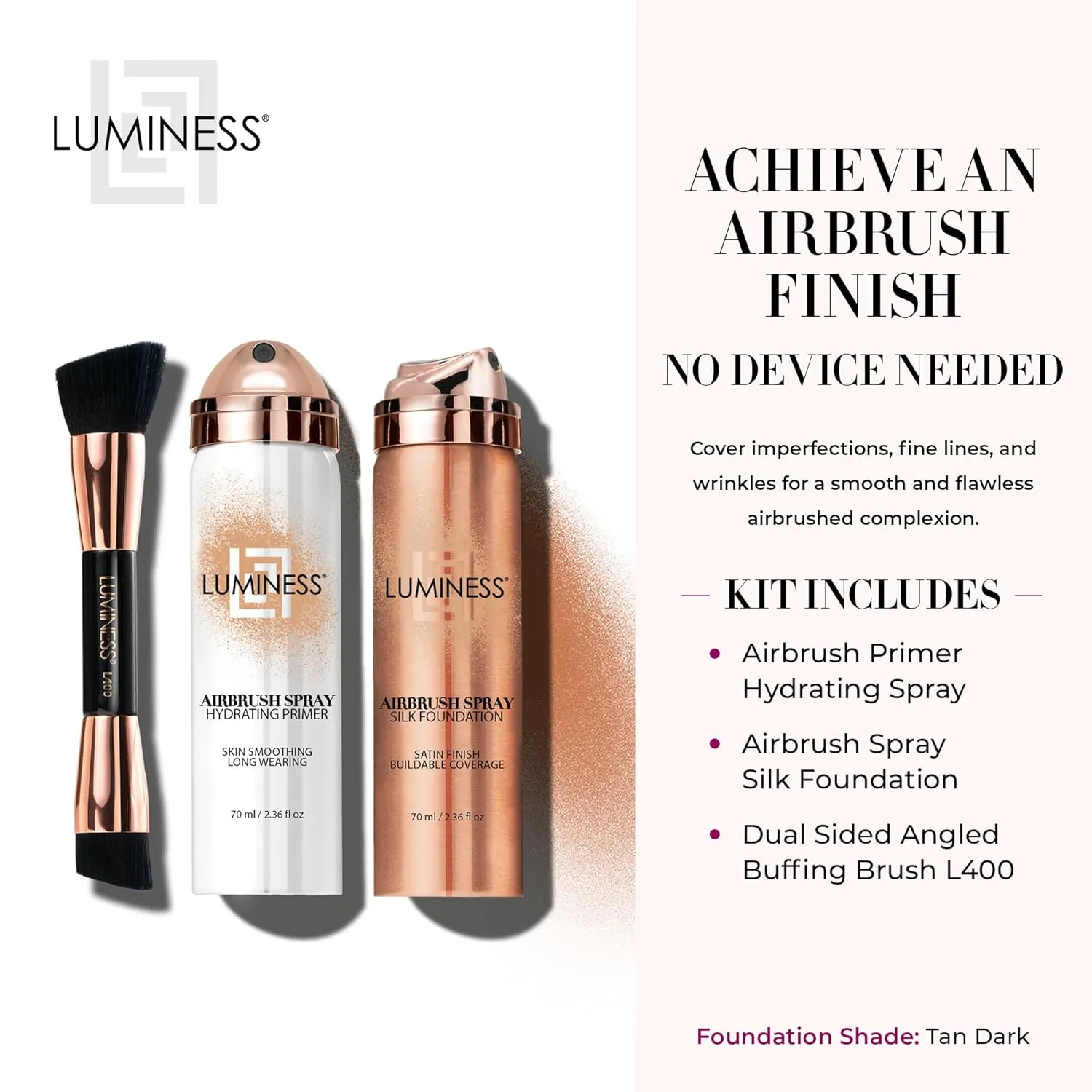 LUMINESS Airbrush Spray Silk Foundation Starter Kit - Tan Dark - Foundation, Primer & Dual-Sided Angled Buffing Brush - Medium, Buildable Coverage, Anti-Aging Formula Hydrates & Moisturizes