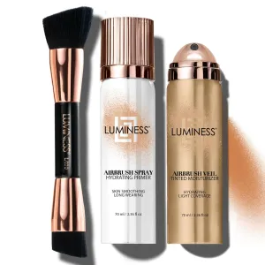 LUMINESS Airbrush Veil Tinted Moisturizer, Hydrating Primer, & Buffing Brush 3-Piece Kit (Tan 100) - Lightweight, Hydrating, & Skin-Plumping Face Moisturizer Spray - Facial Skin Tint, 2.36 FL Oz