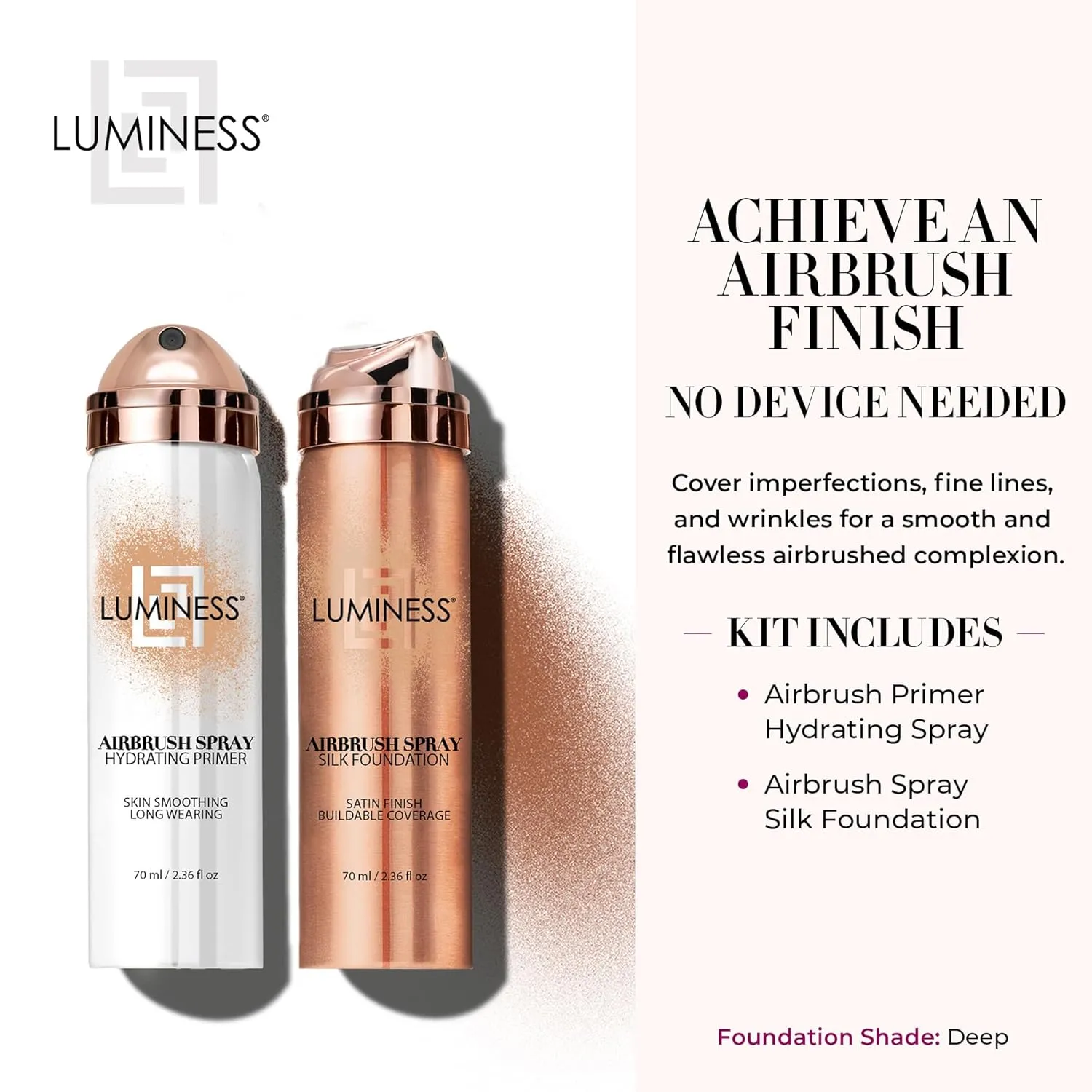 LUMINESS Silk Airbrush Spray Foundation & Primer Kit - Full Coverage Foundation, Anti-Aging Formula Hydrates & Moisturizes with Hyaluronic Acid, Aloe Vera & Hydrolyzed Silk (Shade - Deep)
