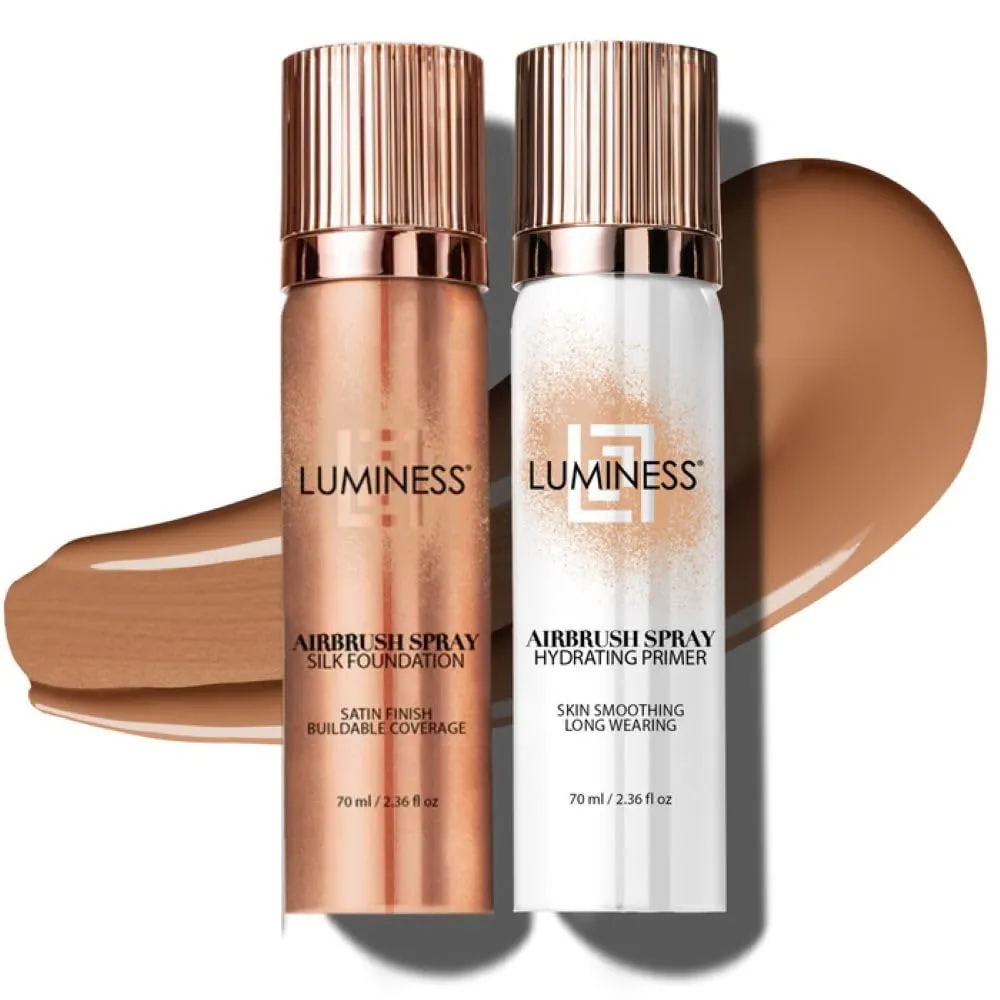 LUMINESS Silk Airbrush Spray Foundation & Primer Kit - Full Coverage Foundation, Anti-Aging Formula Hydrates & Moisturizes with Hyaluronic Acid, Aloe Vera & Hydrolyzed Silk (Shade - Light Tan)