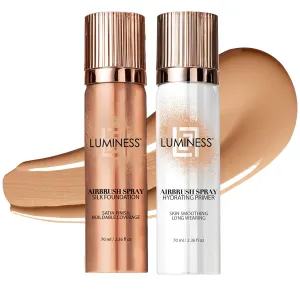 LUMINESS Silk Airbrush Spray Foundation & Primer Kit - Full Coverage Foundation, Anti-Aging Formula Hydrates & Moisturizes with Hyaluronic Acid, Aloe Vera & Hydrolyzed Silk (Shade - Medium Warm)