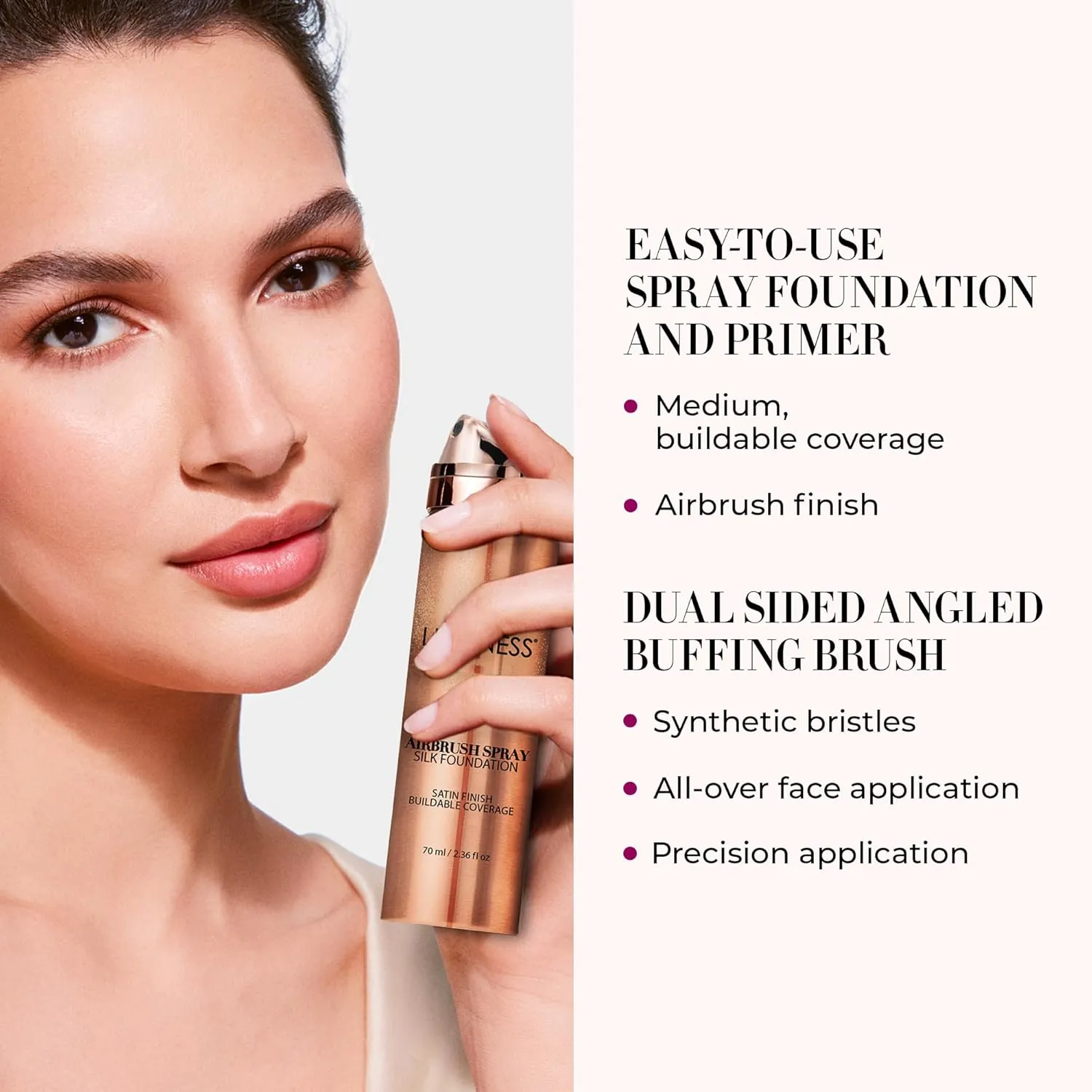 LUMINESS Silk Airbrush Spray Foundation Makeup Starter Kit - Full Coverage Foundation, Primer & Dual-Sided Angled Buffing Brush - Medium Warm