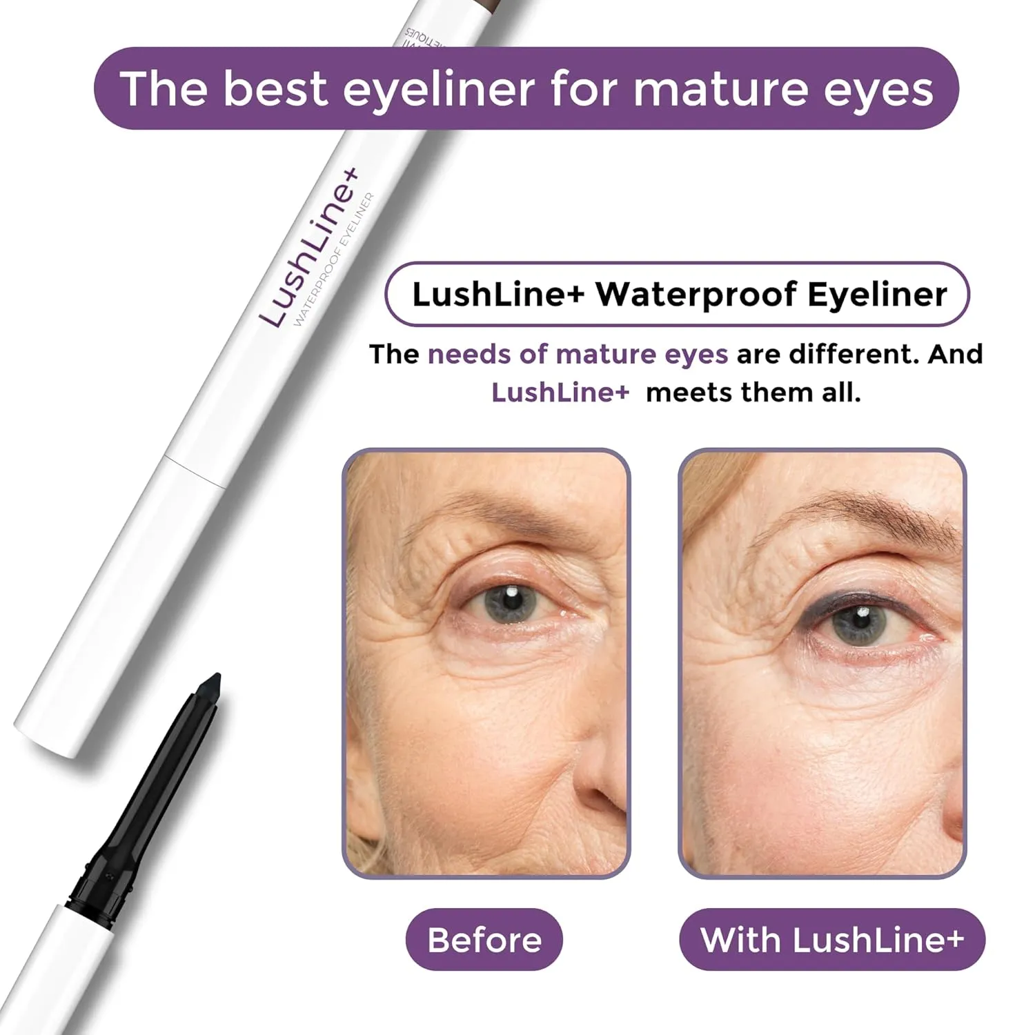 LushLine  Waterproof Eyeliner Pencil For Older Women - Smudge Proof, Long-Lasting, Non Toxic, Soft Glide - Safe For Sensitive Eyes (Natural Black)