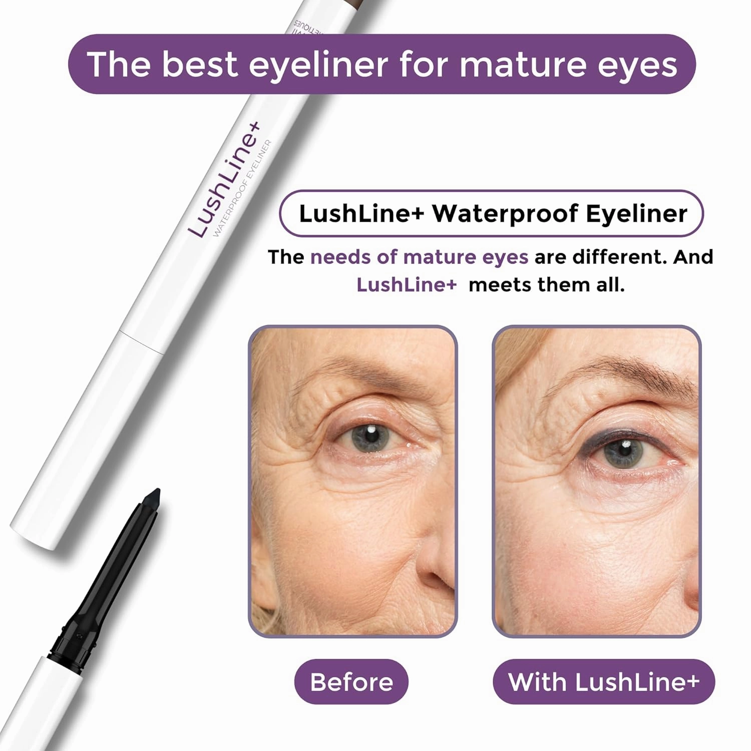LushLine  Waterproof Eyeliner Pencil For Older Women - Smudge Proof, Long-Lasting, Non Toxic, Soft Glide - Safe For Sensitive Eyes (Dark Brown)