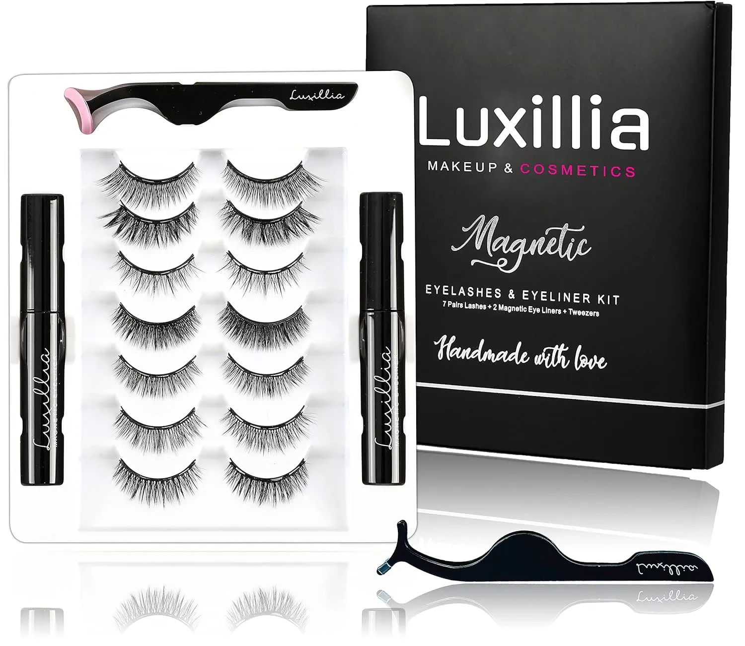 Luxillia Magnetic Eyelashes with Eyeliner 10-Piece Set, Most Natural Looking Magnetic Lashes Kit with Applicator, Best 8D, 3D Look, Reusable Fake Eye Lash, No Glue, Strongest Waterproof Liquid Liner