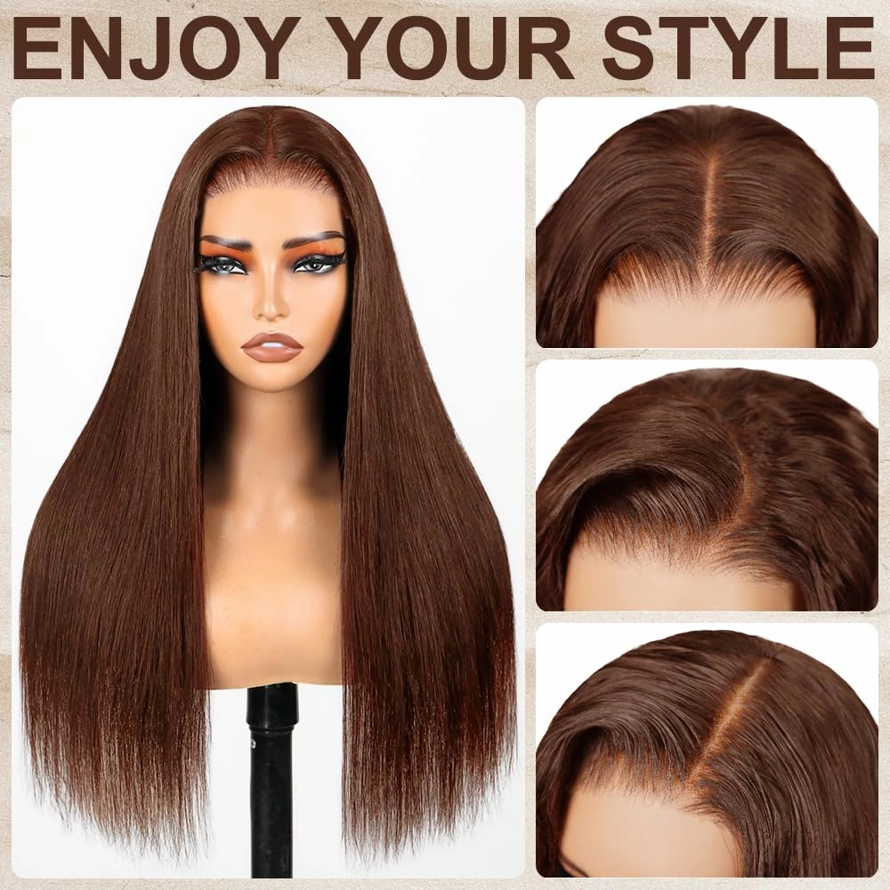 LZGYE 28inch Chocolate Brown Lace Front Wig 7x5 Brown Glueless Wigs Human Hair Pre Plucked Pre Cut #4 Color Straight Human Hair Dark Brown Wig Human Hair 220 Density Wigs For Women