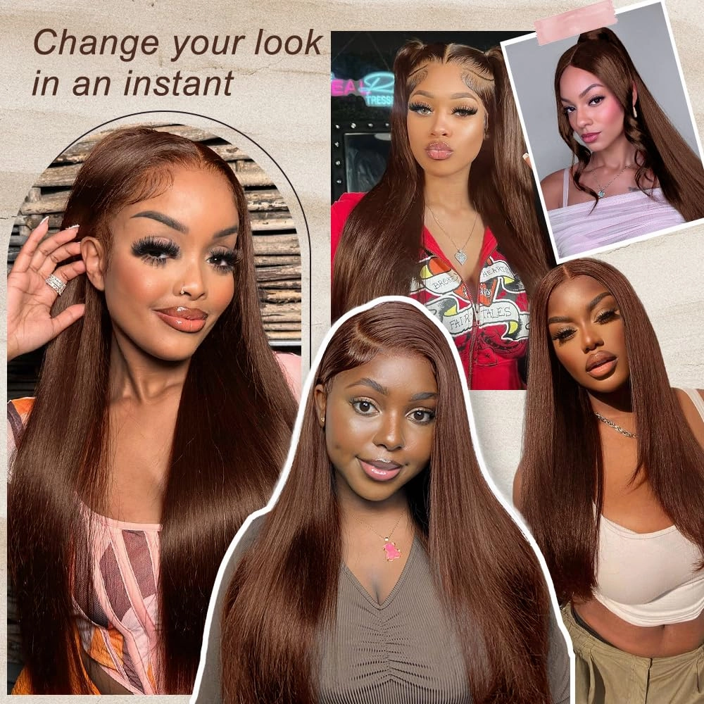 LZGYE 28inch Chocolate Brown Lace Front Wig 7x5 Brown Glueless Wigs Human Hair Pre Plucked Pre Cut #4 Color Straight Human Hair Dark Brown Wig Human Hair 220 Density Wigs For Women