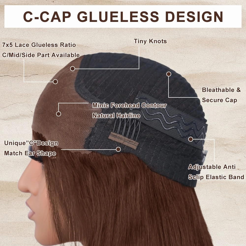 LZGYE 7x5 Glueless Wigs Human Hair 220 Density Chocolate Brown Lace Front Wig 24in Brown Straight Human Hair Dark Brown Closure Wig Human Hair 4# Wigs Human Hair Glueless Wear and Go For Black Women