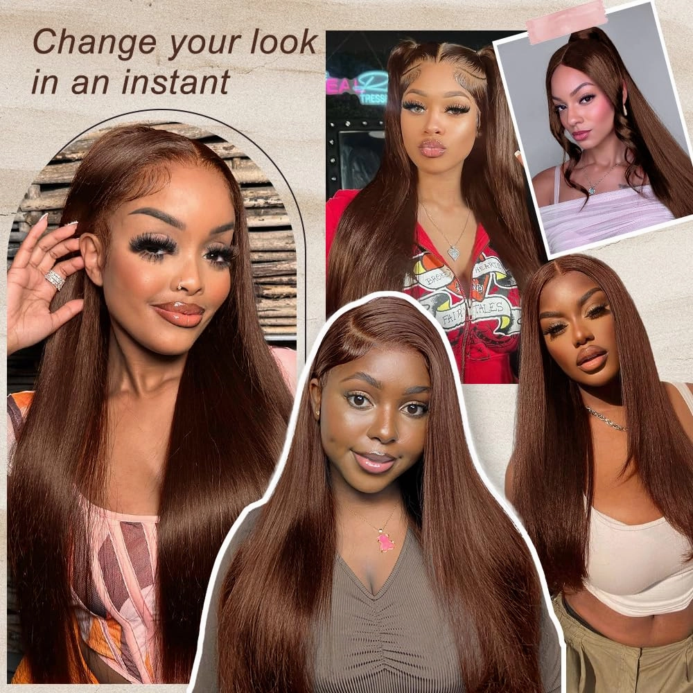 LZGYE Chocolate Brown Lace Front Wig 28inch Brown Glueless Wigs Human Hair Pre Plucked Pre Cut Brown Straight Human Hair Wig 7x5 Dark Brown Wig Human Hair 220 Density #4 Color Wigs For Women