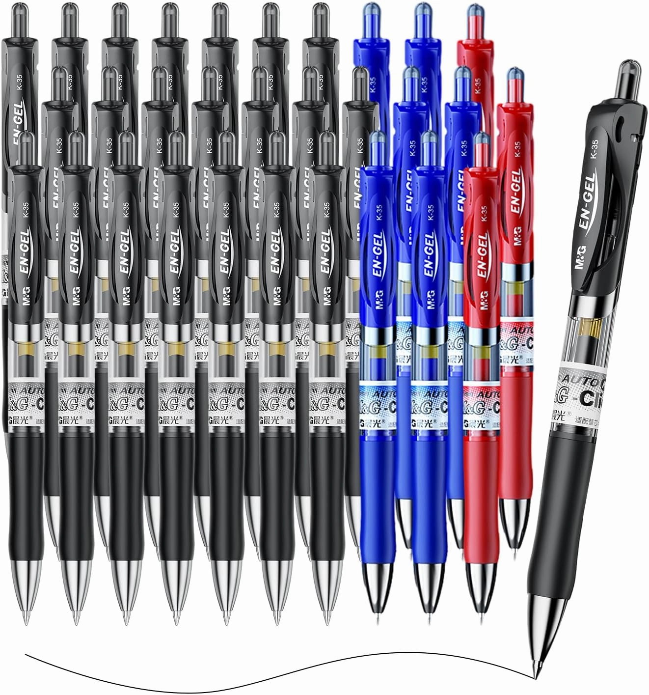 M&G 30 Pcs Gel Pens, 0.5mm Fine Point Gel Ink Pen, High Capacity Retractable Rollerball Pens, Gel Ink Pen with Soft Grip for Smooth Writing Office School (21 Black 6 Blue 3 Red)