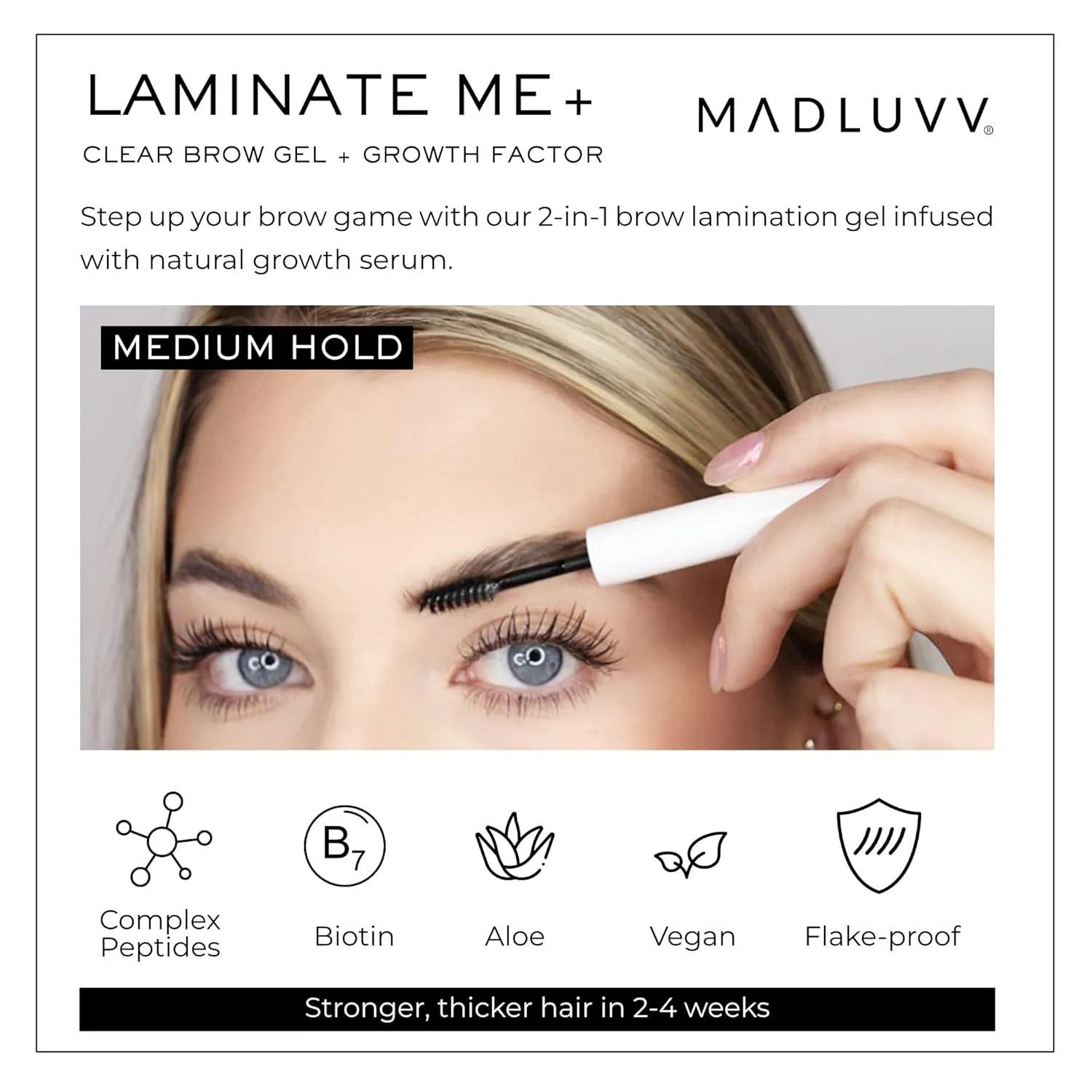 MADLUVV Laminate Me  Eyebrow Gel Clear Infused with Natural Brow Growth Serum, Dual-Side Styling Brush, Daily Use Medium Hold Lamination, Vegan Formula with Peptide, Biotin, Aloe