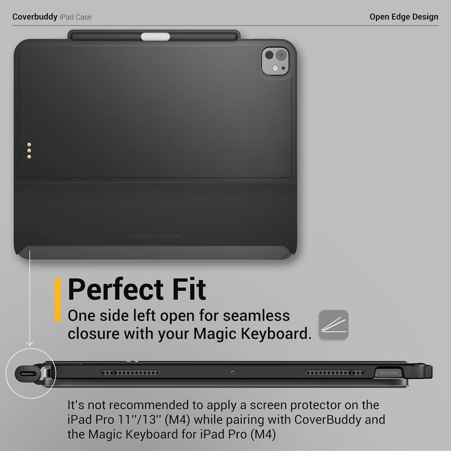 MAGEASY CoverBuddy for M4 iPad Pro 13" (2024) - iPad Pro Case Compatible with Magic Keyboard for iPad Pro (M4), Enhanced Thickness & Heat Dissipation - New Black (Leather 5.05)