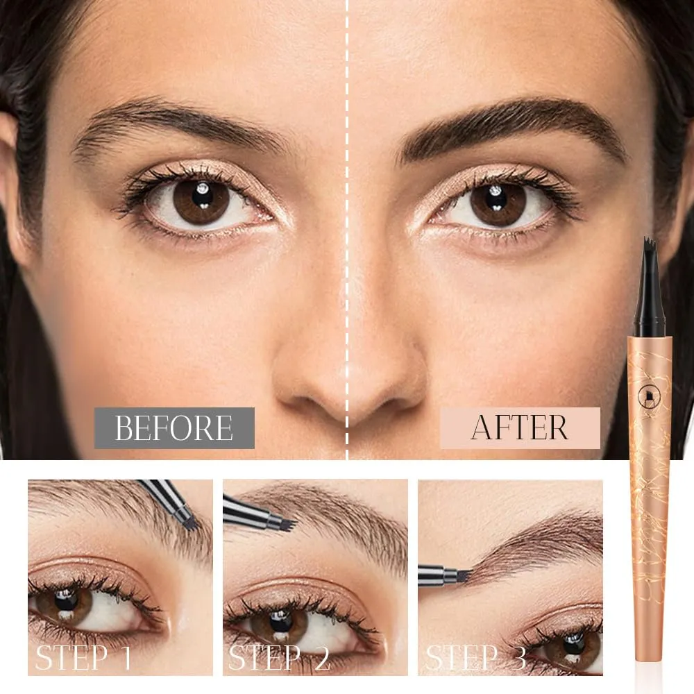 Magic Microblading Eyebrow Pencil, 2025 Upgrade 4-Tip Waterproof Brow Pencil 3D Eyebrow Pen, Natural Fine Stroke Eyebrow Pen (Light Brown)