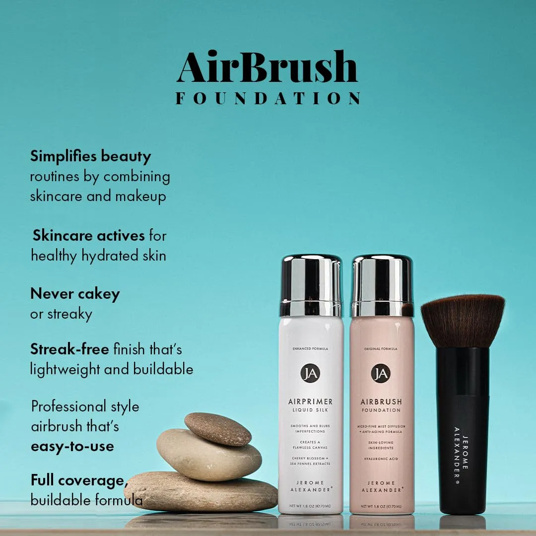 MagicMinerals AirBrush Foundation Set by Jerome Alexander – 3pc Set Includes Primer, Foundation and Kabuki Brush - Spray Makeup with Anti-aging Ingredients for Smooth Radiant Skin (Warm Medium)