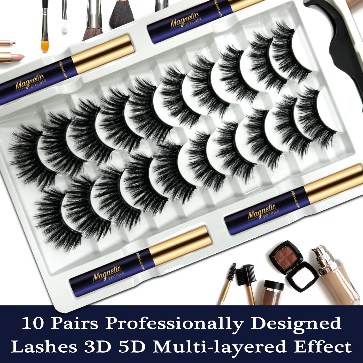 Magnetic Eyelashes - 10 Pairs 3D Full Volume Magnetic Lashes with Eyeliner Kit - Upgraded Long Lasting,Reusable- Easy to Apply(3D Layered Party |12-18MM)