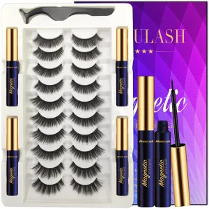 Magnetic Eyelashes, 10 Pairs Reusable Magnetic Lashes Kit with Applicator - Upgraded Long Lasting, Easy Magnetized Eyelashes (4 Tube of Liner)