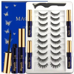 Magnetic Eyelashes 3D Medium Magnetic Lashes with Upgraded 4 Tubes of Magnetic Eyeliner, Waterproof,Natural Look,Long Lasting, Easy Reusable Fake Eyelashes 10 Pairs