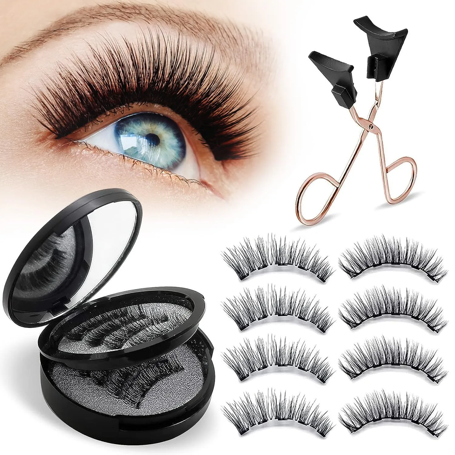 Magnetic Eyelashes Kit – 4 Pairs Reusable False Lashes with Applicator, No Glue Needed, Natural Look & All-Day Comfort, Waterproof & Easy to Wear (Glue-Free & Eyeliner-Free)