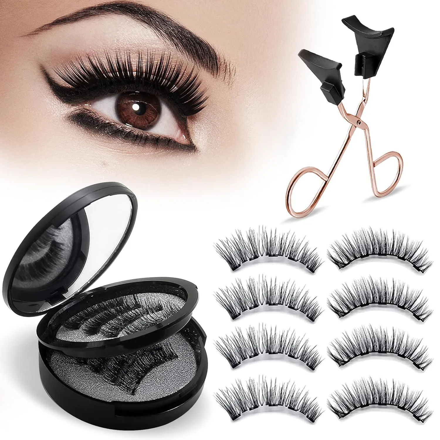 Magnetic Eyelashes, Natural Look False Eyelashes with Applicator, Reusable & Waterproof Magnetic Lashes Kit without Eyeliner, Glue-free & All-Day Comfort, Black