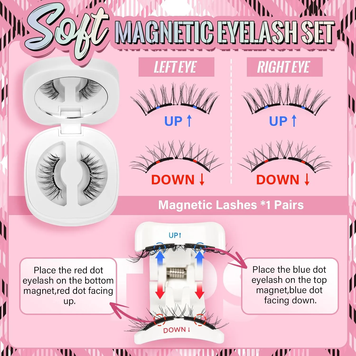 Magnetic Eyelashes Soft Magnetic Lashes With Applicator, lash Fixer, 5Pcs Cleaning pads 3s Application 1s Removal No Glue Needed Soft Magnets False Eyelashes Waterproof (1Pair,Frisky)